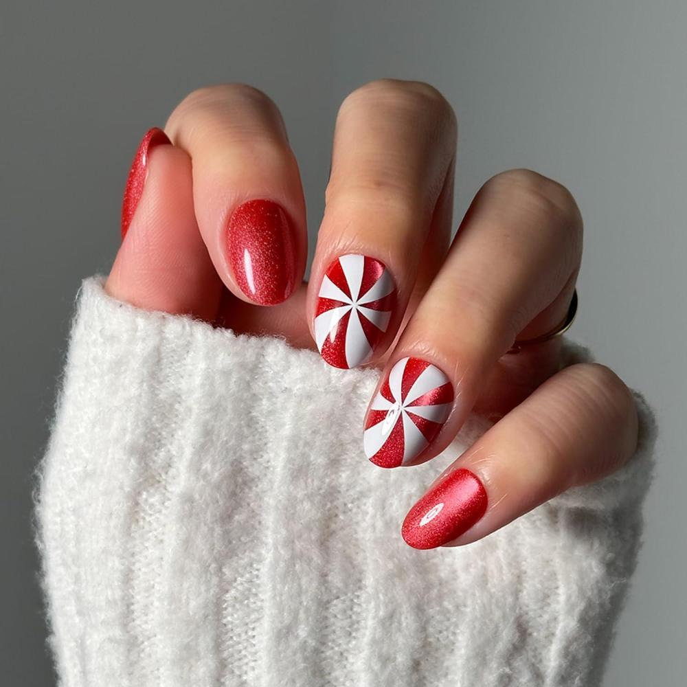 imageGlamnetic Press On Nails Candy Crush Short Oval Fake Nails with Candy Cane Swirl Design in a Velvet Finish Salon Quality Holiday Nails 15 Sizes 30 Nail Kit with GlueCandy Crush
