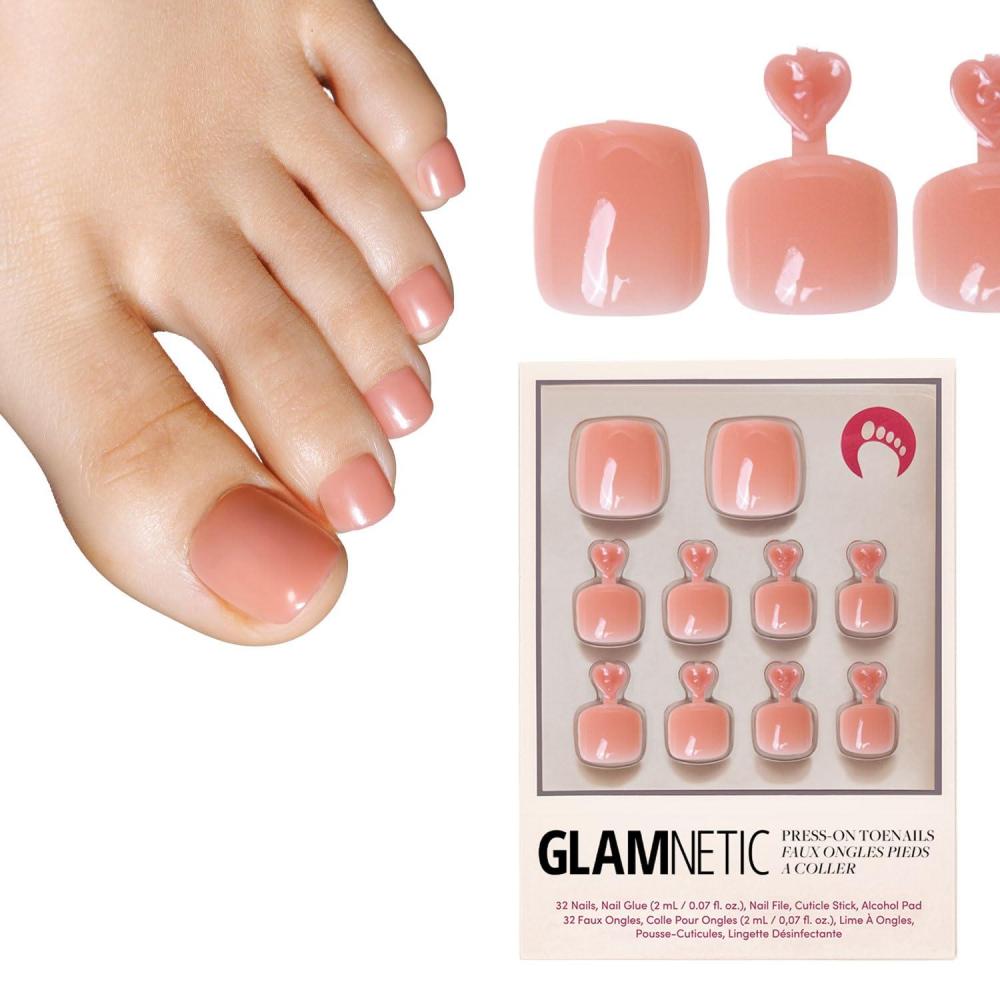 imageGlamnetic Press On Toenails  Caviar  Classic Black French Tip Fake Toe Nails with a Glossy Finish  16 Sizes  32 Toe Nail Kit with GlueSheer Peach