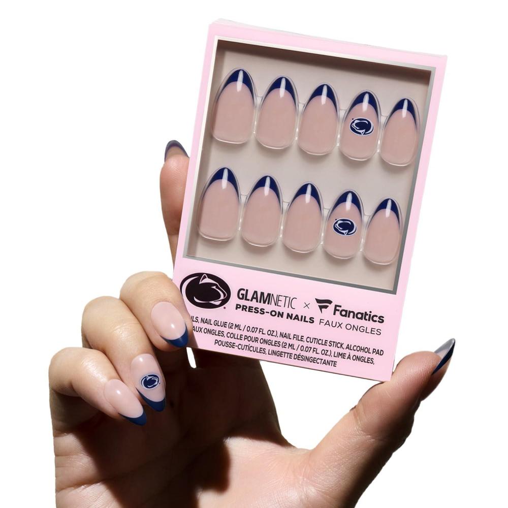 imageGlamnetic x Fanatics Press On Nails Michigan Wolverines Short Almond Fake Nails Collegiate Wolverines Blue French Tips College Nails SalonQuality 15 Sizes 30 Nail Kit with GluePenn State Nittany Lions