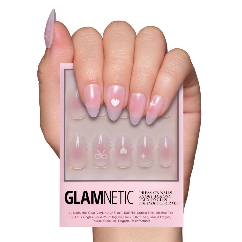 imageValentines Day Glamnetic Press On Nails  Pink Macaron  SemiTransparent Light Pink Pastel French Tip Short Almond Fake Nails in a Glossy Finish Salon Quality  15 Sizes  30 Nail KitLovers Knot