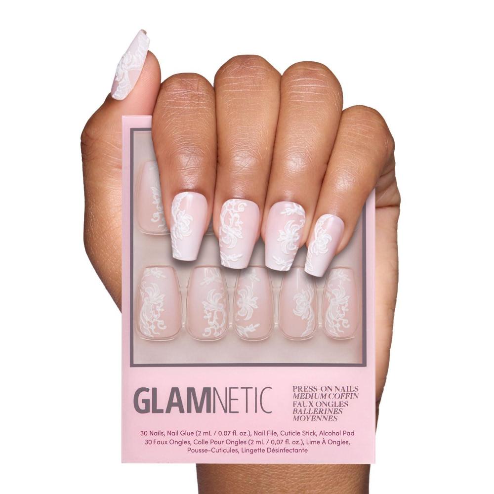 imageValentines Day Glamnetic Press On Nails  Pink Macaron  SemiTransparent Light Pink Pastel French Tip Short Almond Fake Nails in a Glossy Finish Salon Quality  15 Sizes  30 Nail KitLace Blush