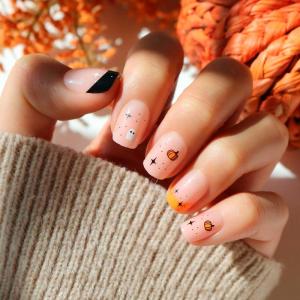 Glamnetic Press On Nails – Burgundy Chrome | Short Almond Fake Nails with a Metallic Chrome Finish, Salon Quality Halloween Nails | 15 Sizes – 30 Nail Kit with Glue(3D – Tiny Pumpkin)