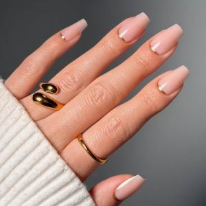 Glamnetic Press On Nails – Gold Goals | Medium Coffin Neutral Fake Nails with Gold Reverse French Tip, Salon Quality Nude Nails | 15 Sizes – 30 Nail Kit with Glue(1E – Gold Goals)