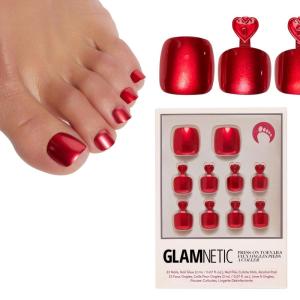 Glamnetic Press On Toenails – Caviar | Classic Black French Tip Fake Toe Nails with a Glossy Finish | 16 Sizes – 32 Toe Nail Kit with Glue(4 – Cherry Glaze)