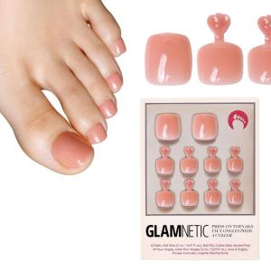 Glamnetic Press On Toenails – Caviar | Classic Black French Tip Fake Toe Nails with a Glossy Finish | 16 Sizes – 32 Toe Nail Kit with Glue(Sheer Peach)
