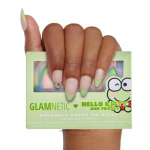 Glamnetic x Hello Kitty® and Friends Press On Nails – My Melody™ | Short Almond Gold Foil 3D Graphic Fake Nails in a Glossy Finish | 15 Sizes – 30 Nail Kit with Glue(Keroppi 2022)
