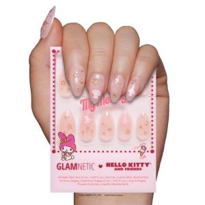 Glamnetic x Hello Kitty® and Friends Press On Nails – My Melody™ | Short Almond Gold Foil 3D Graphic Fake Nails in a Glossy Finish | 15 Sizes – 30 Nail Kit with Glue(My Melody)
