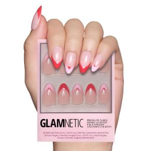 Valentines Day Glamnetic Press On Nails – Pink Macaron | Semi-Transparent Light Pink Pastel French Tip Short Almond Fake Nails in a Glossy Finish, Salon Quality | 15 Sizes – 30 Nail Kit(Pure Hearted)