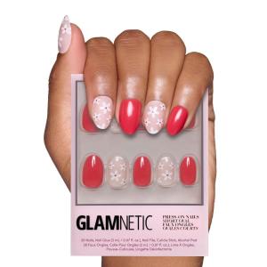 Valentines Day Glamnetic Press On Nails – Pink Macaron | Semi-Transparent Light Pink Pastel French Tip Short Almond Fake Nails in a Glossy Finish, Salon Quality | 15 Sizes – 30 Nail Kit(Red Blossom)