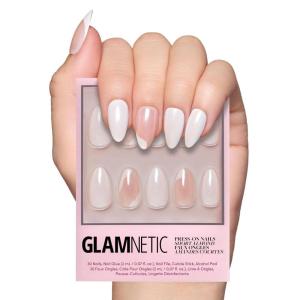 Valentines Day Glamnetic Press On Nails – Pink Macaron | Semi-Transparent Light Pink Pastel French Tip Short Almond Fake Nails in a Glossy Finish, Salon Quality | 15 Sizes – 30 Nail Kit(Lovey Dovey)