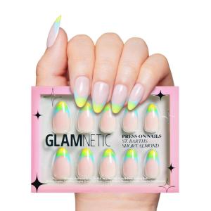 Glamnetic Press On Nails – St. Barths | Semi-Transparent Ombre French Tip Short Almond Nails, Salon Quality | 15 Sizes – 30 Nail Kit