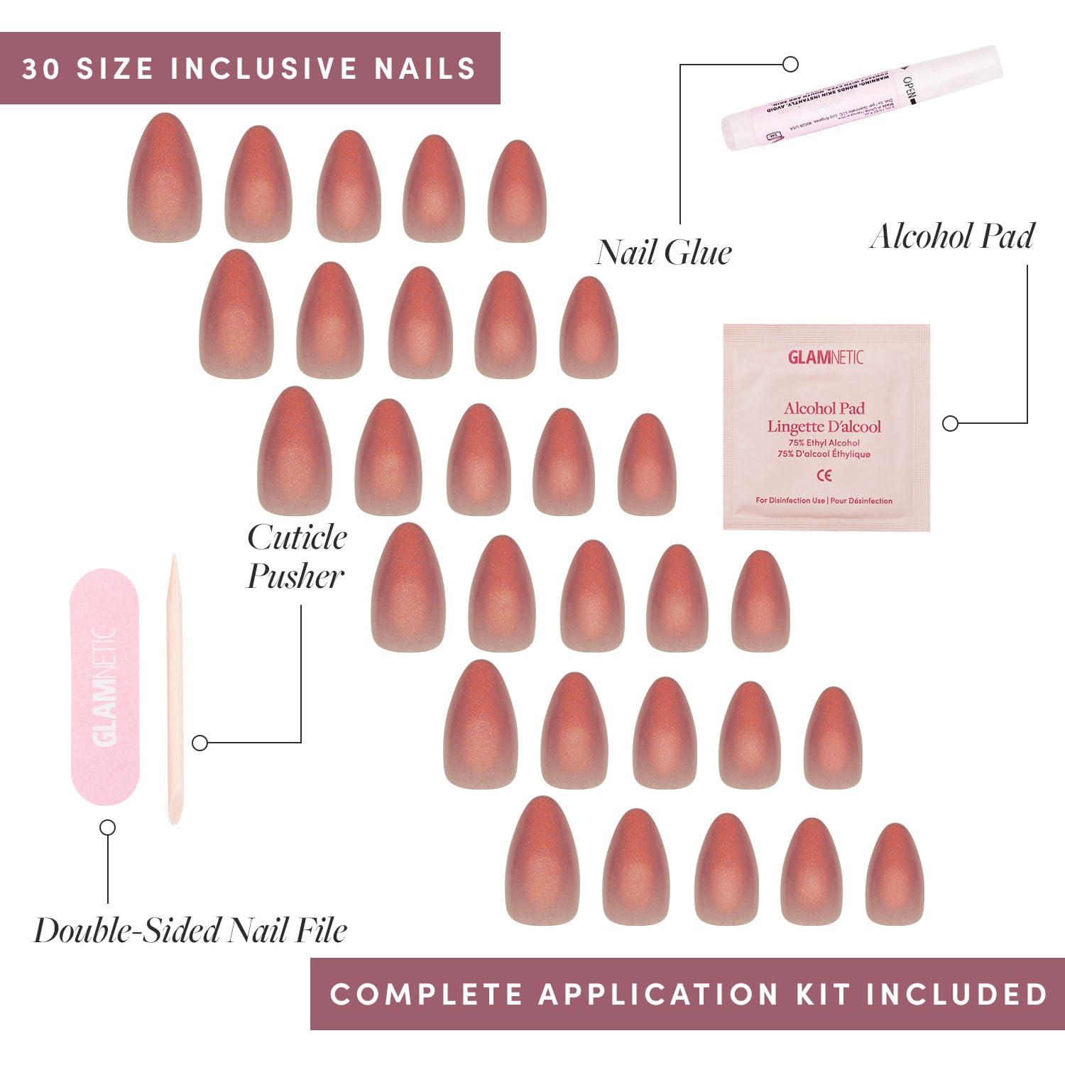 imageGlamnetic PressOn Nails Ros Super Strong Brush On Nail Glue amp PressOn Nail Remover Short Almond RosyPink Nails with a Mesmerizing Metallic Finish 15 Sizes 30 Nail Kit with Glue and Remov