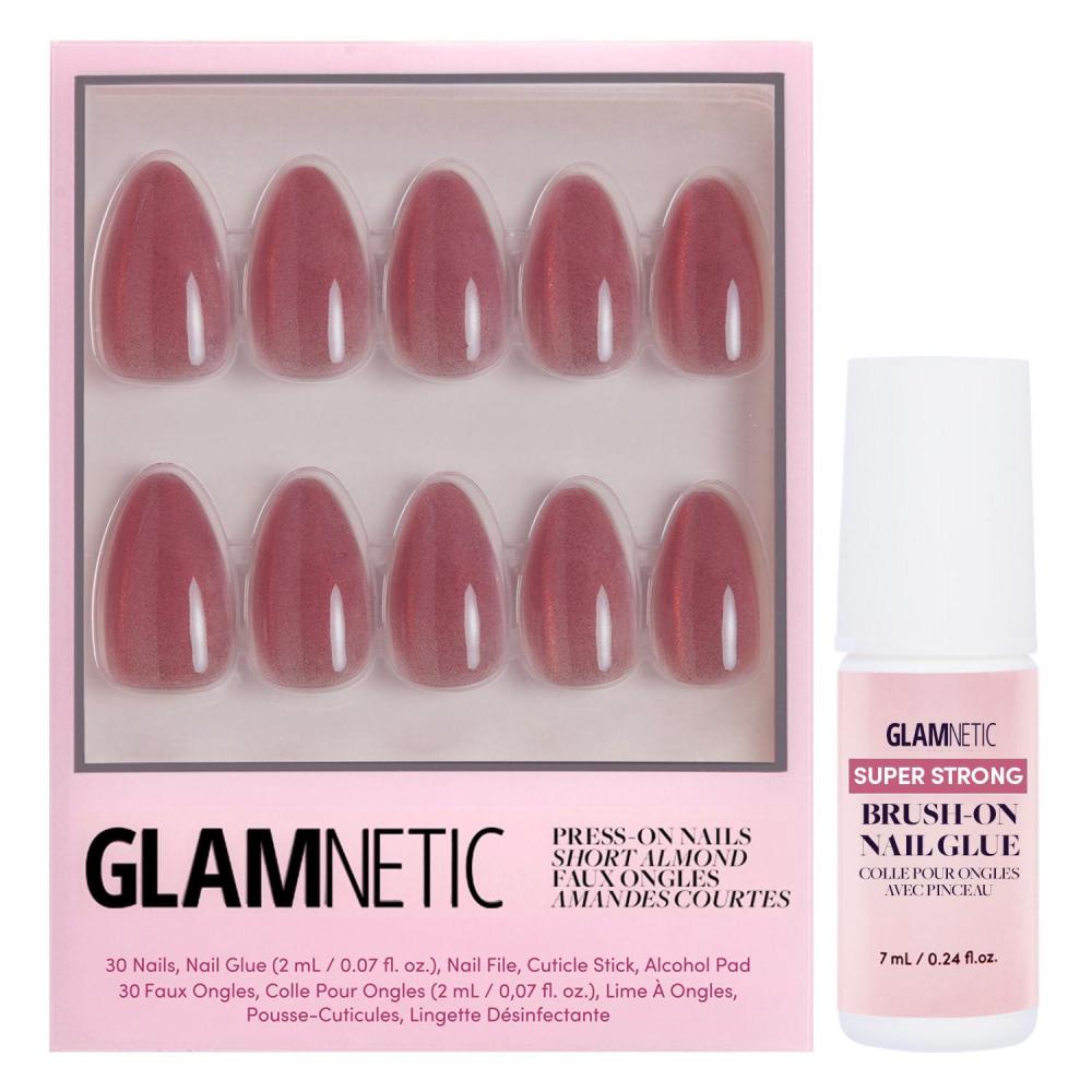 imageGlamnetic Press On Nails amp Brush On Nail Glue Bundle  Ros  Short Almond RosyPink Nails with a Mesmerizing Metallic Finish  15 Sizes  30 Nail Kit with Glue