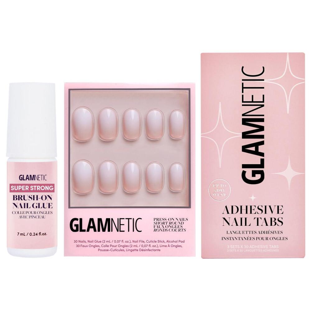imageGlamnetic PressOn Nails Creamer Super Strong Brush On Nail Glue amp Nail Adhesive Tabs Neutral Ombre Short Round Nails 15 Sizes 30 Nail Kit with Glue and Nail Tabs