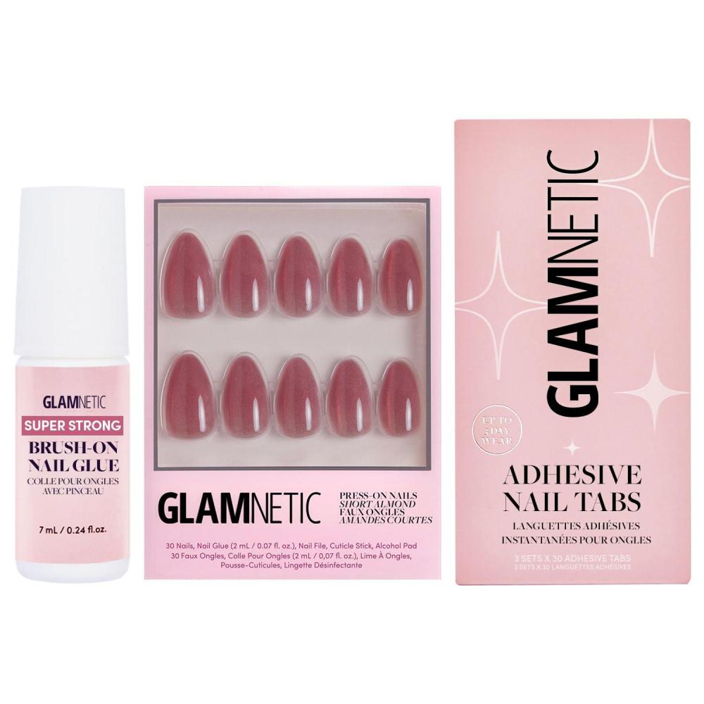 imageGlamnetic PressOn Nails Ros Super Strong Brush On Nail Glue amp Nail Adhesive Tabs Short Almond RosyPink Nails with a Mesmerizing Metallic Finish 15 Sizes 30 Nail Kit with Glue amp Nail Tabs