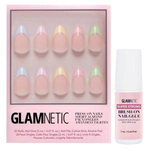 Glamnetic Press On Nails & Brush On Nail Glue Bundle – Confetti | Short Almond Pastel French Tip Nails with a Glossy Finish | 15 Sizes – 30 Nail Kit with Glue