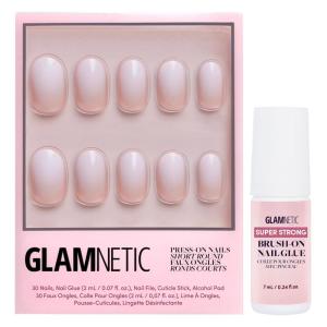 Glamnetic Press On Nails & Brush On Nail Glue Bundle – Creamer | Neutral Ombre Short Round Nails, Reusable | 15 Sizes – 30 Nail Kit with Glue