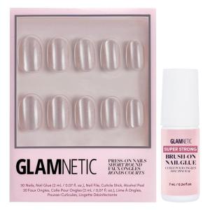Glamnetic Press On Nails & Brush On Nail Glue Bundle – Pure Intentions | Glossy, Iridescent Short Round Nails, Reusable | 12 Sizes – 30 Nail Kit with Glue