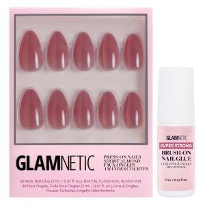 Glamnetic Press On Nails & Brush On Nail Glue Bundle – Rosé | Short Almond Rosy-Pink Nails with a Mesmerizing Metallic Finish | 15 Sizes – 30 Nail Kit with Glue