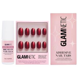 Glamnetic Press-On Nails – Cherry Glaze | Super Strong Brush On Nail Glue & Nail Adhesive Tabs | Glazed Short Round Cherry Red Nails | 15 Sizes – 30 Nail Kit with Glue and Nail Tabs