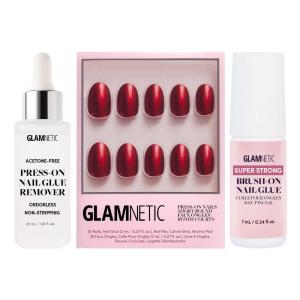 Glamnetic Press-On Nails – Cherry Glaze | Super Strong Brush On Nail Glue & Press-On Nail Remover | Glazed Short Round Cherry Red Nails | 15 Sizes – 30 Nail Kit with Glue and Remover