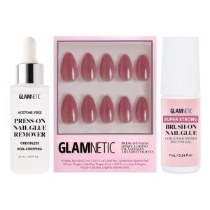 Glamnetic Press-On Nails – Rosé | Super Strong Brush On Nail Glue & Press-On Nail Remover | Short Almond Rosy-Pink Nails with a Mesmerizing Metallic Finish | 15 Sizes – 30 Nail Kit with Glue and Remov