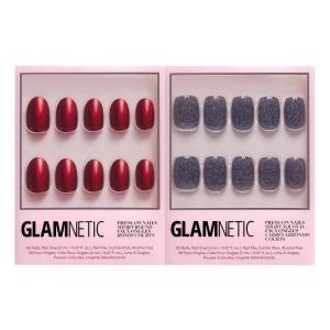Glamnetic Press-On Nails Bundle – Cherry Glaze & Cosmic | Glazed Short Round Cherry Red Nails | Glossy Sparkly Black Short Squoval Fake Nails | Reusable Nail Kits