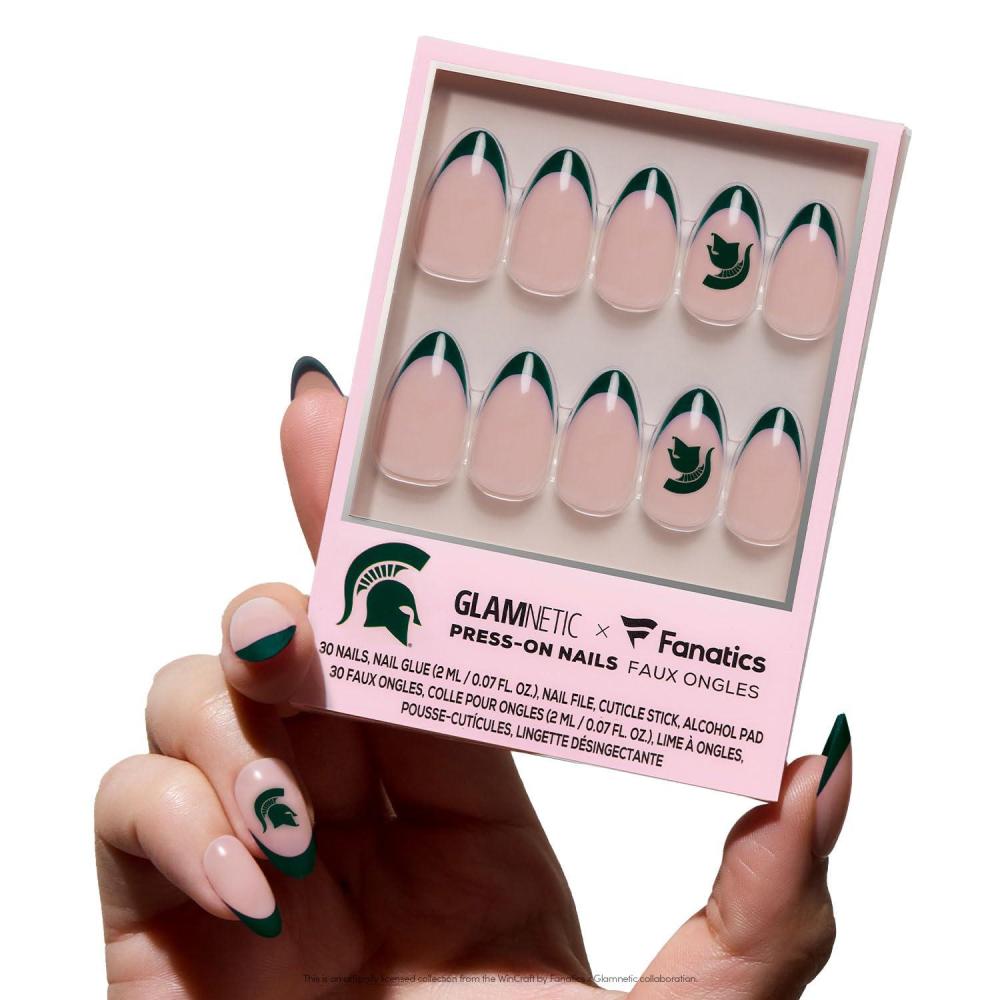imageGlamnetic x Fanatics Press On Nails  Miami Hurricanes  Short Almond Fake Nails Collegiate Hurricanes Green French Tips College Nails SalonQuality  15 Sizes  30 Nail Kit with GlueMichigan State Spartans