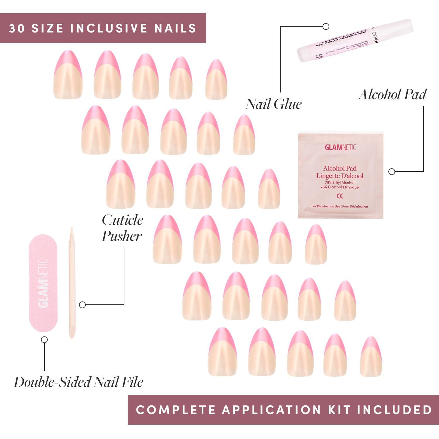 imageGlamnetic Press On Nails amp Brush On Nail Glue Bundle Bubble Gum Glaze Short Almond Pink French Tip Nails with a Glazed Finish 15 Sizes 30 Nail Kit with Glue
