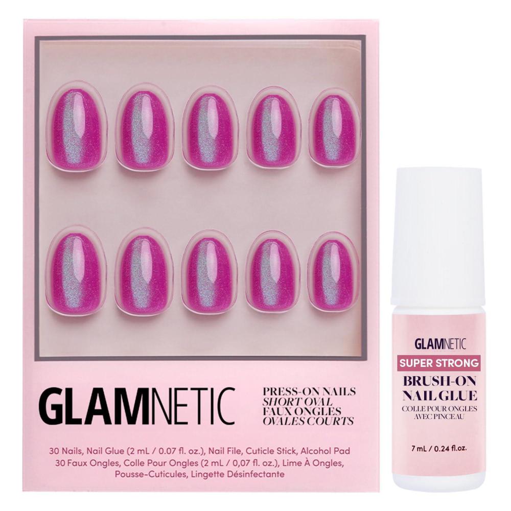 imageGlamnetic Press On Nails amp Brush On Nail Glue Bundle  Berry Fizz  Short Oval Magenta Nails with Velvet Metallic Finish  15 Sizes  30 Nail Kit with Glue