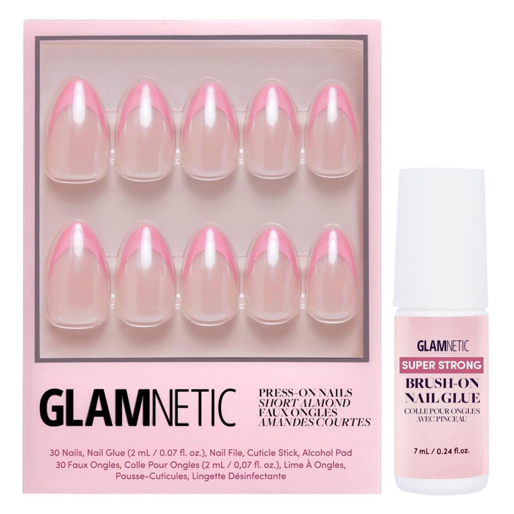 imageGlamnetic Press On Nails amp Brush On Nail Glue Bundle Bubble Gum Glaze Short Almond Pink French Tip Nails with a Glazed Finish 15 Sizes 30 Nail Kit with Glue