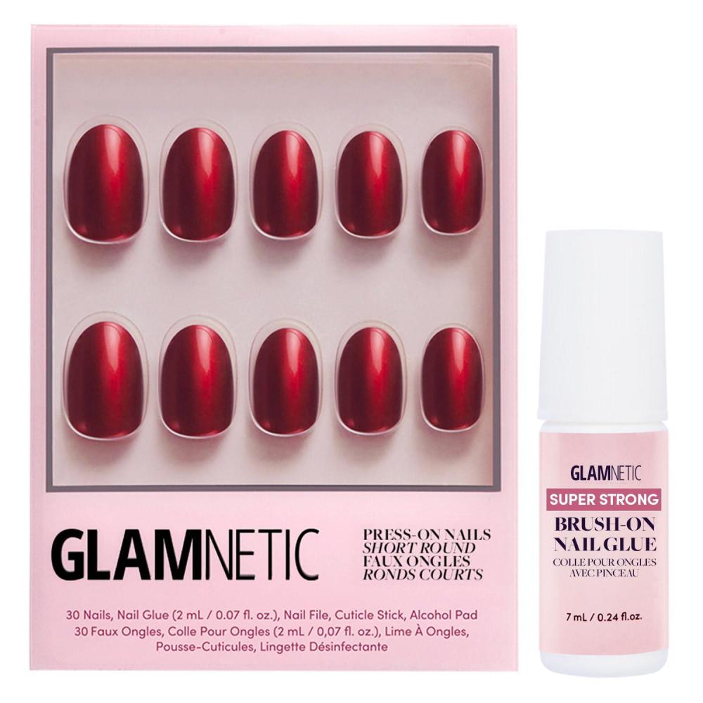imageGlamnetic Press On Nails amp Brush On Nail Glue Bundle  Cherry Glaze  Short Round Bright Cherry Red Nails with a Glaze Finish  15 Sizes  30 Nail Kit with Glue