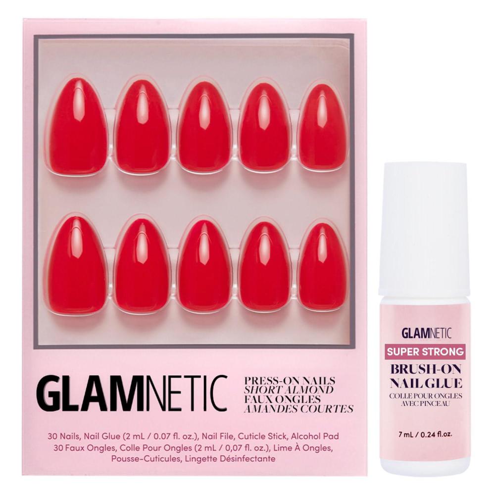 imageGlamnetic Press On Nails amp Brush On Nail Glue Bundle  Fiery Red  Opaque Bright Red Short Almond Fake Nails Reusable  15 Sizes  30 Nail Kit