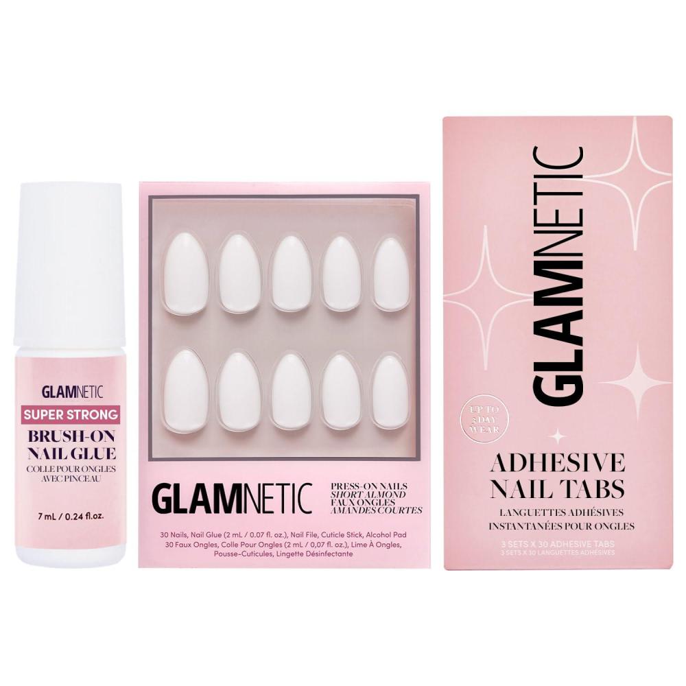 imageGlamnetic PressOn Nails  Angel  Super Strong Brush On Nail Glue amp Nail Adhesive Tabs  Opaque White Short Almond Nails Reusable  12 Sizes  24 Nail Kit