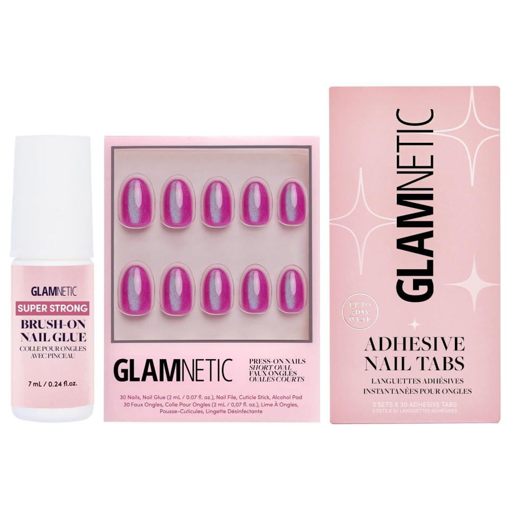 imageGlamnetic PressOn Nails  Berry Fizz  Super Strong Brush On Nail Glue amp Nail Adhesive Tabs  Short Oval Magenta Nails with Velvet Metallic Finish  15 Sizes  30 Nail Kit