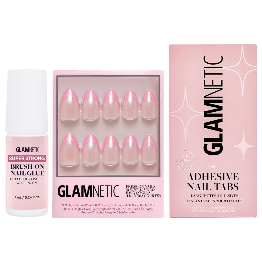 imageGlamnetic PressOn Nails  Bubble Gum Glaze  Super Strong Brush On Nail Glue amp Nail Adhesive Tabs  Short Almond Pink French Tip Nails with a Glazed Finish  15 Sizes  30 Nail Kit with Glue