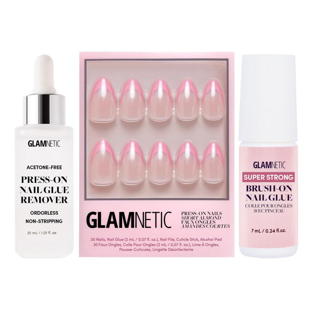 imageGlamnetic PressOn Nails  Bubble Gum Glaze  Super Strong Brush On Nail Glue amp PressOn Nail Remover  Glazed Short Almond Pink French Tip Nails  15 Sizes  30 Nail Kit with Glue and Remover