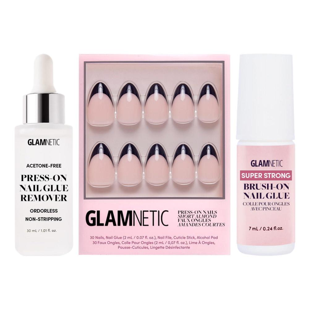 imageGlamnetic PressOn Nails  Caviar  Super Strong Brush On Nail Glue amp PressOn Nail Remover  SemiTransparent Nails with Black French Tips Short Almond Shape  Reusable Nail Kit with Glue amp Remover