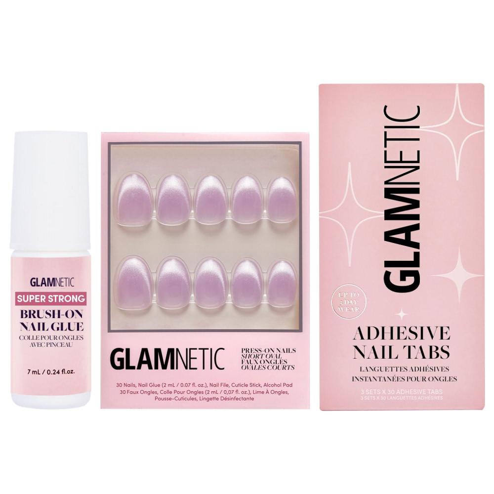 imageGlamnetic PressOn Nails  Fairy Dust  Super Strong Brush On Nail Glue amp Nail Adhesive Tabs  Short Oval BeigePink Nails with a Velvet Metallic Finish  15 Sizes  30 Nail Kit