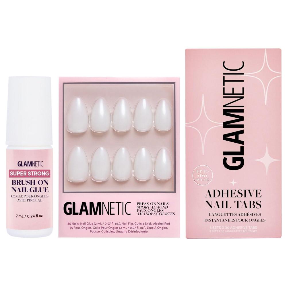 imageGlamnetic PressOn Nails  Hailey  Super Strong Brush On Nail Glue amp Nail Adhesive Tabs  Glossy SemiTransparent Short Almond Nails Reusable  15 Sizes  30 Nail Kit