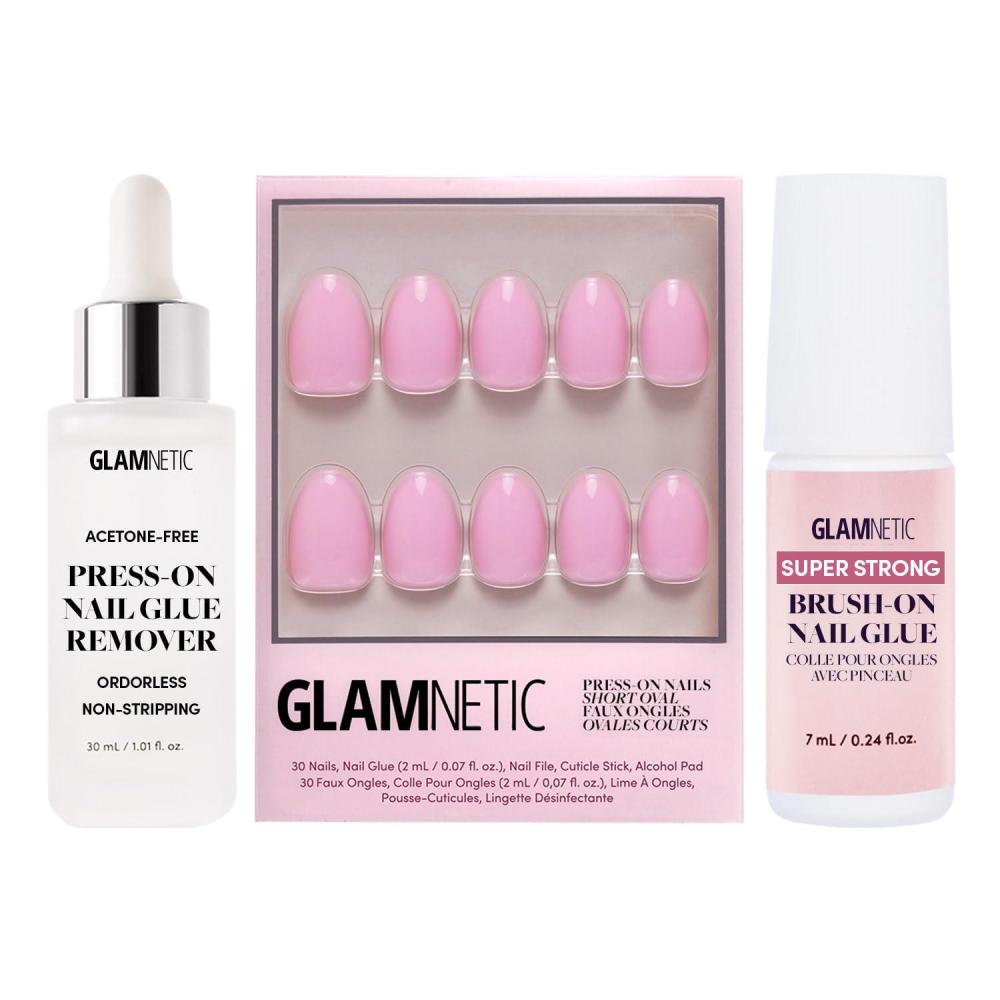 imageGlamnetic PressOn Nails  Think Pink  Super Strong Brush On Glue amp PressOn Nail Remover  Solid Opaque Light Pastel Pink Short Oval Nails Reusable  15 Sizes  30 Nail Kit