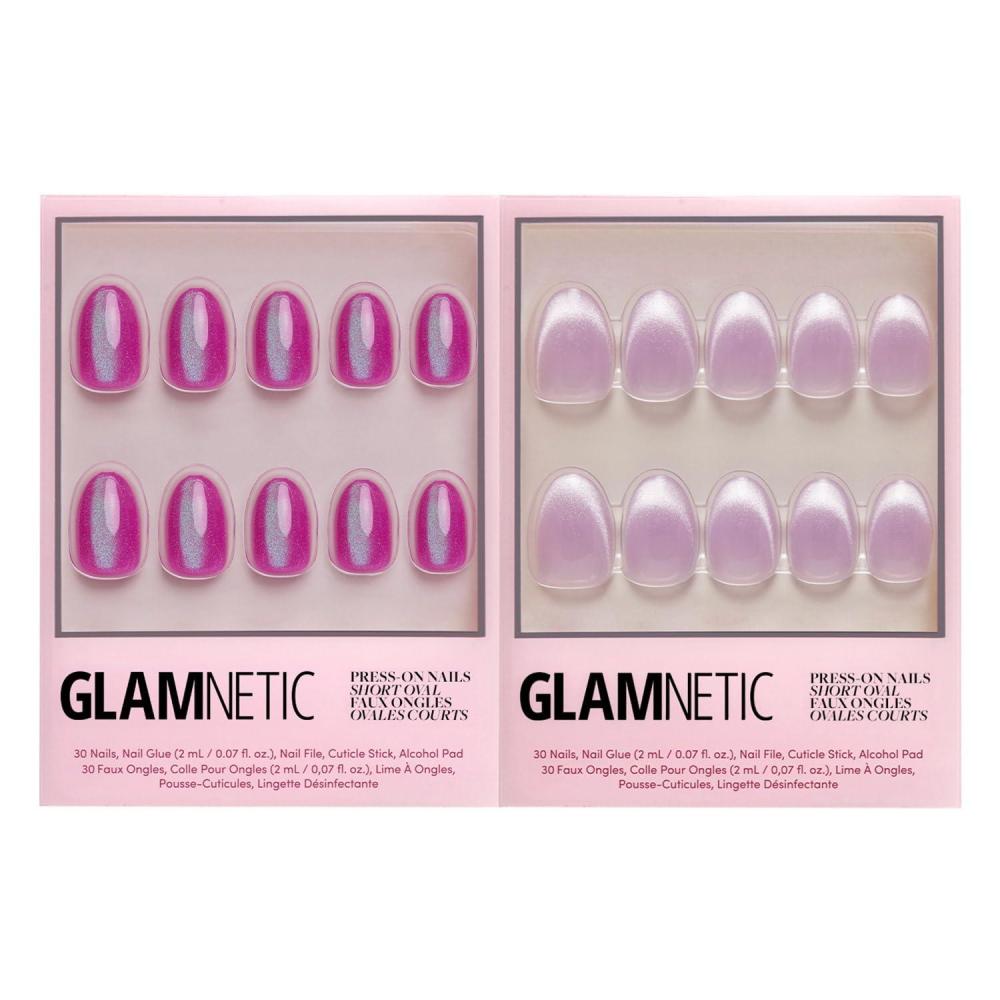 imageGlamnetic PressOn Nails Bundle  Berry Fizz amp Fairy Dust  Magenta Nails and BeigePink Nails in Short Oval Shapes with Velvet Metallic Finishes  Reusable Nail Kits
