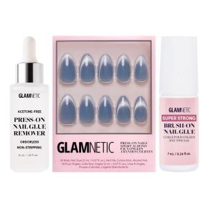 Glamnetic Baby Blues Press-On Nails – 30 Count, Short Almond, Pastel Blue with Metallic Finish – Includes Super Strong Brush On Nail Glue & Gentle Nail Remover