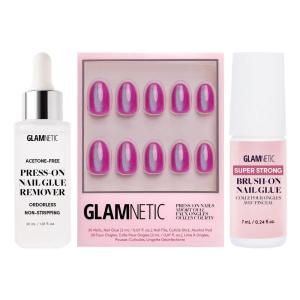 Glamnetic Press On Nails – Berry Fizz Short Oval With Brush On Glue and Remover | Magenta With Metallic Finish, Reusable | 15 Sizes – 30 Nail Kit