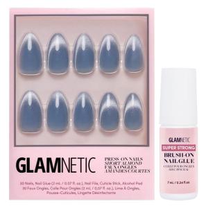 Glamnetic Press On Nails & Brush On Nail Glue Bundle – Baby Blues | Short Almond, Pastel Blue Nails with a Mesmerizing Metallic Finish | 15 Sizes – 30 Nail Ki