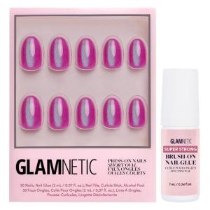 Glamnetic Press On Nails & Brush On Nail Glue Bundle – Berry Fizz | Short Oval, Magenta Nails with Velvet Metallic Finish | 15 Sizes – 30 Nail Kit with Glue