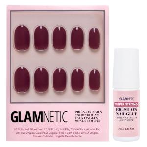 Glamnetic Press On Nails & Brush On Nail Glue Bundle – Berry Maroon | Opaque Dark Red Maroon Short Round False Nails, Reusable Stick On Fake Nails with Glue | Salon Quality | 12 Sizes – 30 Nail Kit