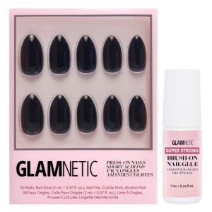 Glamnetic Press On Nails & Brush On Nail Glue Bundle – Boba | Opaque Black Short Almond Nails, Reusable | 12 Sizes – 24 Nail Kit