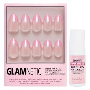 Glamnetic Press On Nails & Brush On Nail Glue Bundle – Bubble Gum Glaze | Short Almond Pink French Tip Nails with a Glazed Finish | 15 Sizes – 30 Nail Kit with Glue