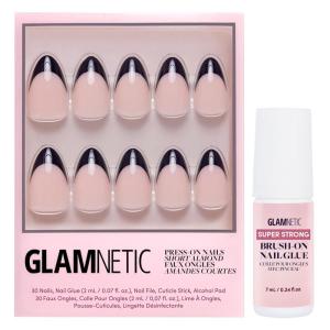 Glamnetic Press On Nails & Brush On Nail Glue Bundle – Caviar | Semi-Transparent, Short Almond Nails, Reusable | 15 Sizes – 30 Nail Kit with Glue
